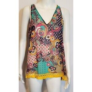 Umgee Floral Bohemian Crochet High Low Tank Top - Size L